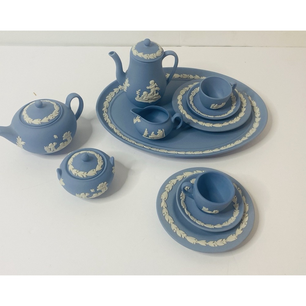 Wedgwood Blue Jasperware‎ Miniature Tea Set Teapot Coffee Pot Creamer & Sugar +